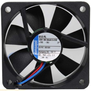 Ebmpapst 612FL 12V 34mA 0.41W 2wires Cooling Fan