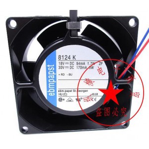 Ebmpapst 8124K 18/30V 94/170mA 1.7/5W 2wires Cooling Fan