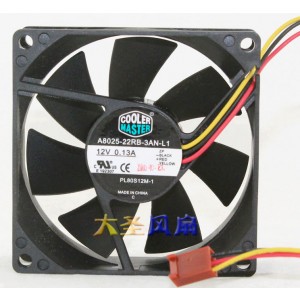 COOLER MASTER A8025-22RB-3AN-L1 12V 0.13A 3wires Cooling Fan
