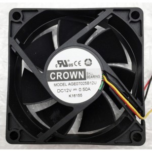 CROWN AGE07025B12U 12V 0.5A 3wires Cooling Fan