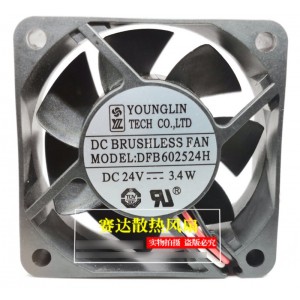 YOUNG LIN DFB602524H 24V 3.4W 3wires Cooling Fan