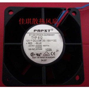 Ebmpapst TYP 612 12V 2.5W 2wires Cooling Fan
