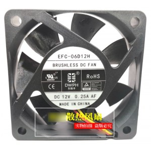 DWPH EFC-06D12H 12V 0.25A 3wires Cooling Fan