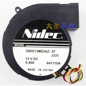 NIDEC G80S13MS3AZ-57 13V 0.45A 3wires Cooling Fan