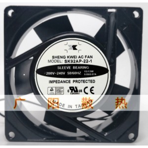 ShengKwei SK92AP-22-1 200-240V 0.12/0.10A 17/15W 2wires Cooling Fan 