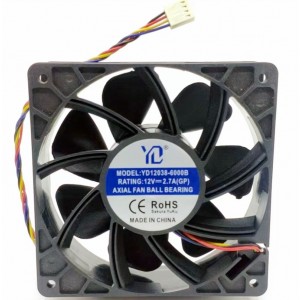 YD YD12038-6000B 12V 2.7A 4wires Cooling Fan